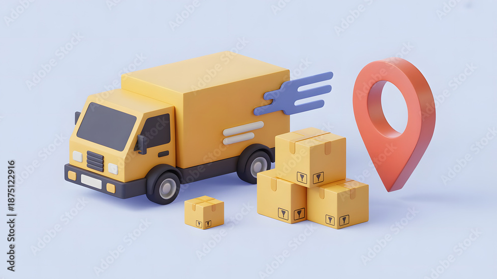 Obraz premium Shipping Logistics: A vibrant illustration showcasing the key elements of a delivery service. The scene includes a delivery truck, a stack of cardboard boxes, and a location marker.