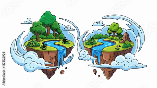 Two whimsical floating islands with waterfalls, trees, and winding rivers amidst clouds
