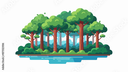 Vibrant cartoon forest scene with tall trees, lush green foliage, and a tranquil blue river