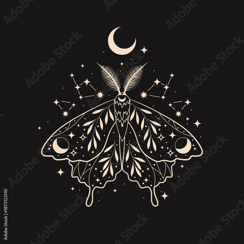 Mystic moth isolated vector illustration. Magic moon, occult, print, poster.