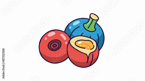 Vibrant, cartoonish depiction of three fruits one whole red, one cut red revealing yellow pulp, and one blue
