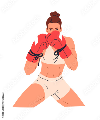 Female boxer. Woman athlete in gloves, in fighting stance, pose. Box fighter, boxing workout, training, defensive position, posture. Flat vector illustration isolated on white background