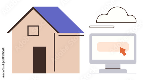 Home automation, smart living, cloud computing, remote monitoring, technology integration, internet services. House with a roof, cloud icon computer with cursor. Smart living and cloud computing