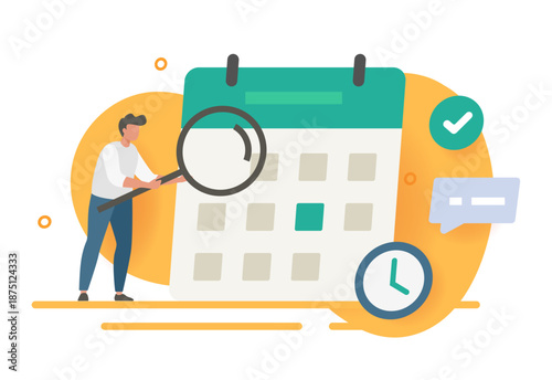 Man planning analyzing business strategy agenda icon vector, person managing calendar schedule task project deadline date modern graphic illustration design, character time productivity audit concept
