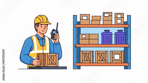 Warehouse worker with radio, handling crate near shelves stocked with boxes and containers