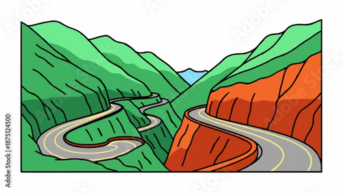 Winding road through green mountains and rocky cliffs under a blue sky