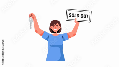 Woman holding house key and "sold out" sign