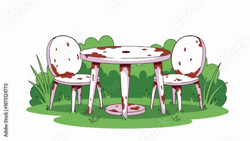 Whimsical outdoor seating area with a pink table and two chairs, decorated with brown splatters