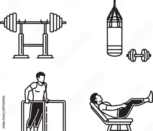 Black line of gym equipment and people exercising barbell punching bag