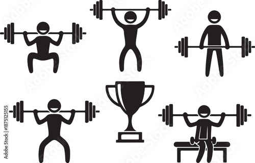 Black silhouettes of people lifting weights and a trophy weightlifting white background