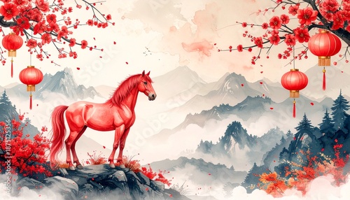 Red horse watercolor artwork on mountain background with traditional chinese flower decoration and copy space