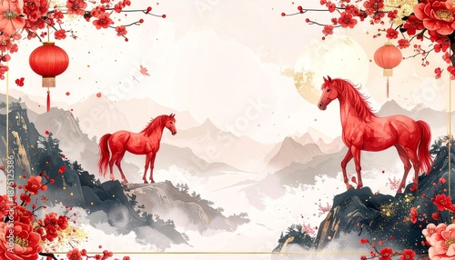 Chinese new year zodiac watercolor illustration with two red horses, mountain scenery, and floral decorations