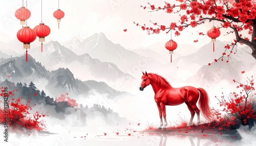 Red horse watercolor painting on misty mountain scenery with chinese floral elements for lunar new year celebration background