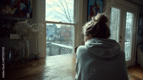 A woman in a hoodie sits thoughtfully by a window, overlooking a tranquil winter scene outside.