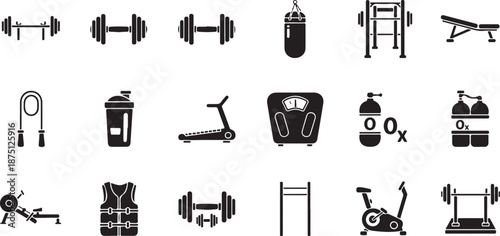 Various black fitness on white background fitness gym workout