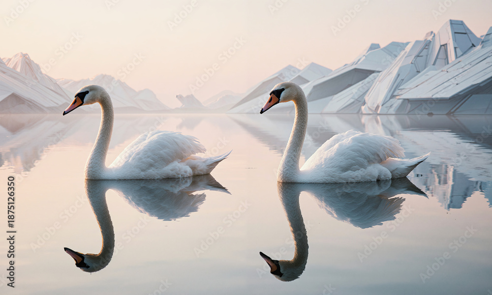 Fototapeta premium Swan Lake Reflection - elegant swans mirrored in tranquil water forming seamless symmetry, soft morning haze and pastel peach sky