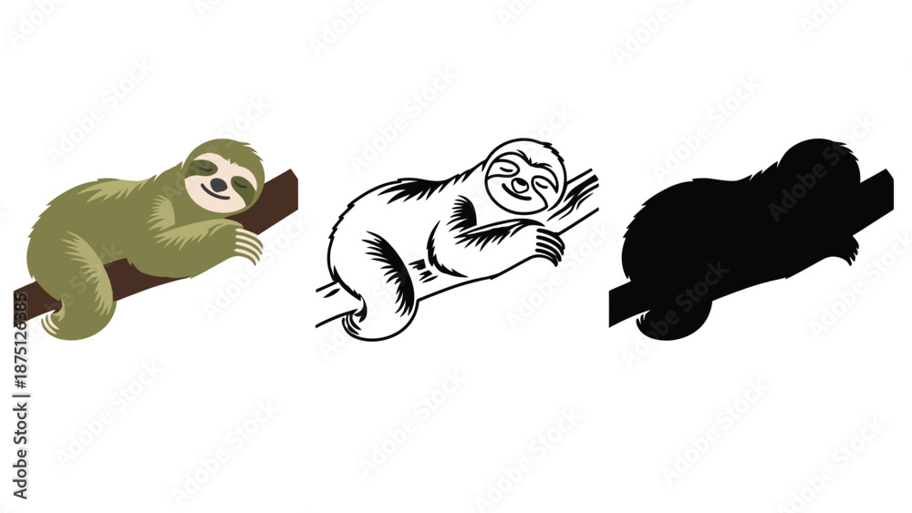 Fototapeta premium A colorful illustration of a sloth in different shades and styles hanging from a tree branch
