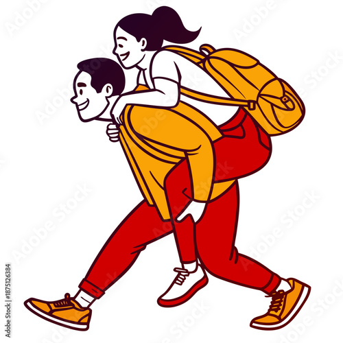 Energetic young couple enjoying a playful piggyback ride together while carrying a large travel backpack on a cheerful outdoor adventure or journey