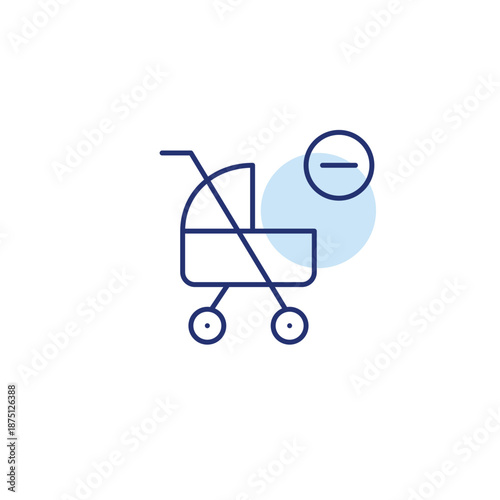 Baby stroller and minus. Child support cancelled, healthcare unavailable. Pixel perfect, editable stroke vector icon
