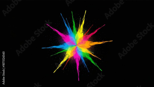 Vibrant explosion of colorful light rays radiating from a central point in a dark environment