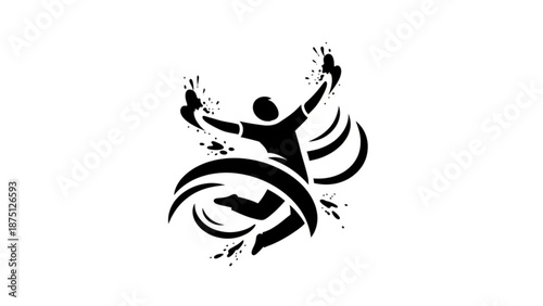 A person jumping with arms outstretched in a dynamic pose surrounded by abstract shapes