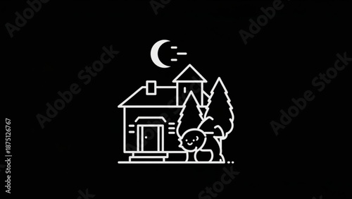 A serene nighttime scene of a house surrounded by trees under a crescent moon