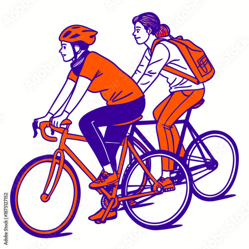 Two friends enjoying a casual bicycle ride together outdoors wearing athletic gear symbolizing healthy recreation and active urban commuting lifestyle choices