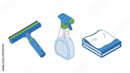 Essential Cleaning Tools - Squeegee, Spray Bottle, and Microfiber Cloth.
