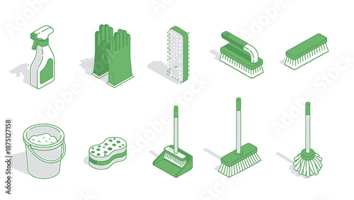 Isometric Cleaning Supplies and Equipment Set for Household Chores.
