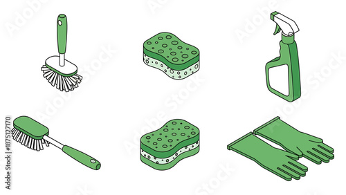 Collection of green cleaning supplies and tools for household chores.