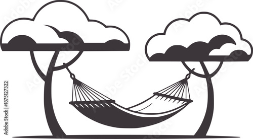 Black and of a hammock hanging between two trees branches leaves clouds