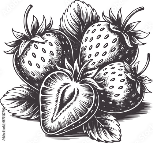 Detailed black and line of strawberries with leaves and seeds