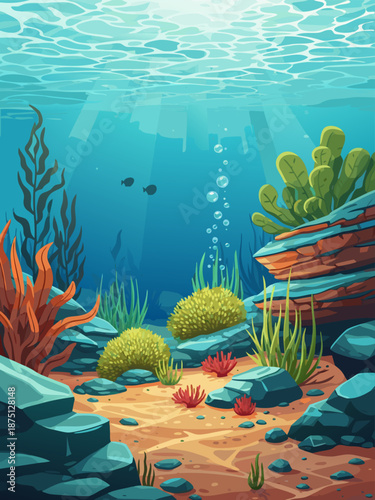 Underwater ocean vector illustration, a serene and vibrant scene with colorful coral, flowing seaweed, and rocky seafloor, bathed in natural light