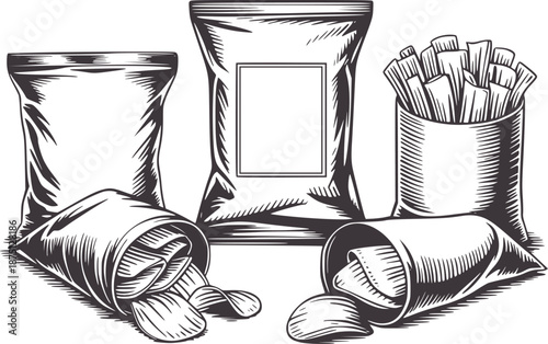 Detailed black and of potato chip bags and chips potatoes packaging
