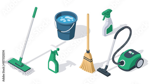 Isometric cleaning supplies and household tools for tidying.