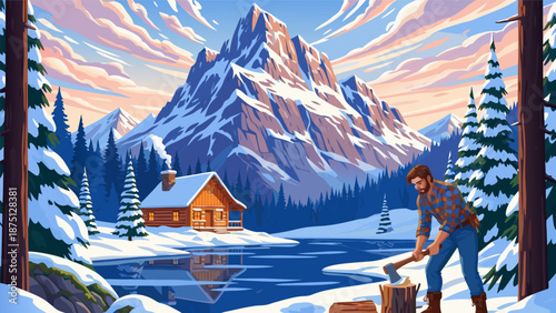 Vector illustration of winter lumberjack chopping wood by a cabin, frozen lake, snow mountains, and pines under a vibrant sky