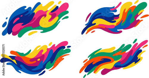 Abstract colorful paint splash vector icon sheet with dynamic swirls and Holi festival powder shapes