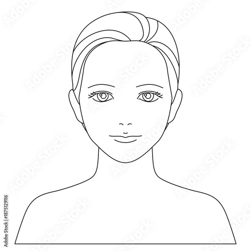 肌のお手入れやメイクの説明に使いやすい、目を開いた正面向き女性の線画ベクターイラスト