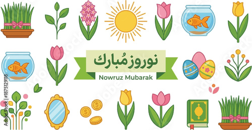 Nowruz Mubarak greeting card vector icon sheet with floral border, sun emblem and Persian New Year decorations