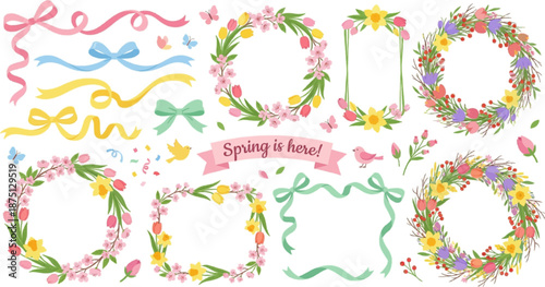 Spring floral wreath and banner vector icon set with birds, flowers, eggs and snail