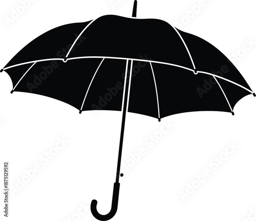 Black umbrella with curved handle and white ribbing on a white background.