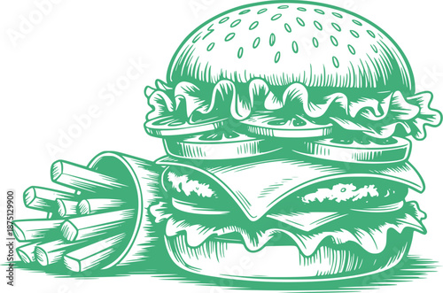Monochrome of a hamburger and french fries lettuce patty