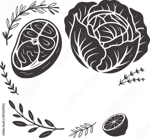 Monochrome of steak cabbage and citrus with botanical accents lemon crosssection