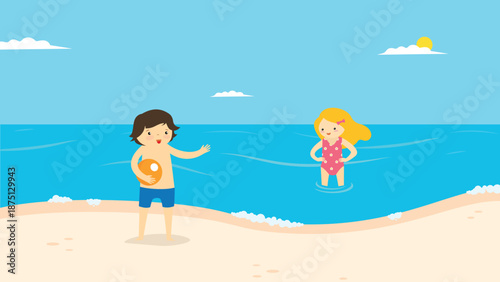 Boy and girl playing on the beach. Vector illustration in flat style