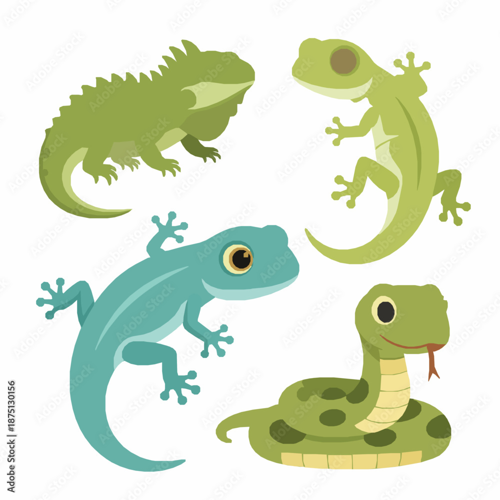 Fototapeta premium Cute cartoon reptiles and amphibians vector illustration set including iguana, gecko, and snake
