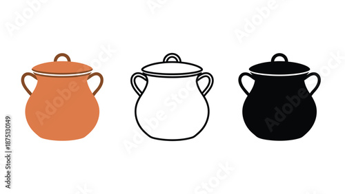 Three different colored pots with lids and handles on a white background