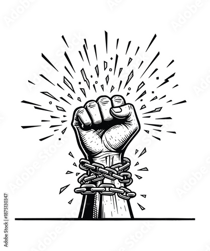 Empowering fist breaking free from chains in dramatic black and white