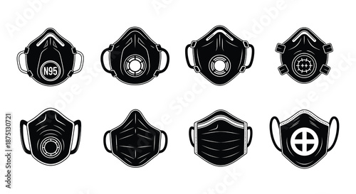 Collection of various black face masks with different filter designs