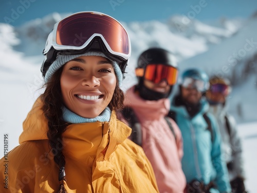 Smiling Skiers and Snowboarders Group in Winter Mountain Snow Landscape