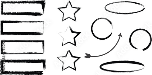 Collection of hand drawn shapes and symbols on white background